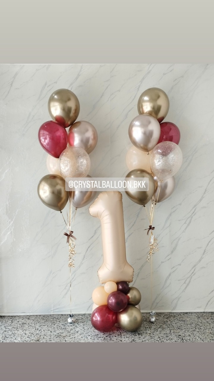 ลูกโป่ง วันเกิดเด็ก ฟอยล์ตัวเลข ขนาด 40" สีคาราเมล ตั้งฐาน 1 ชิ้น พร้อม ช่อลูกโป่ง ช่อ 7 ลูก 2 ช่อ พร้อมตกแต่ง สามารถเปลี่ยนสีลูกโป่ง/เปลี่ยนสี-ฟอยล์ตัวเลขได้