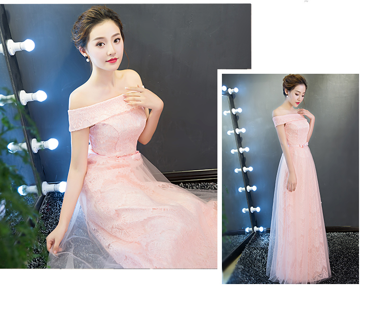 พร้อมเช่า ชุดราตรียาว สำหรับสาวไซส์ใหญ่ แบบปาดไหล่ สีชมพู ลูกไม้หรูใส่ออกงานกลางคืน งานพรอม กระโปรงตาข่าย 2XL- 6XL (เชือกผูกหลัง)