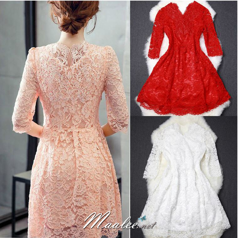 พร้อมส่ง ชุดราตรีสั้น/แขนยาว คอวี เนื้อผ้าลูกไม้ & Cotton แต่งซิปข้าง สีแดง (เหลือเฉพาะไซส์ 3XL)