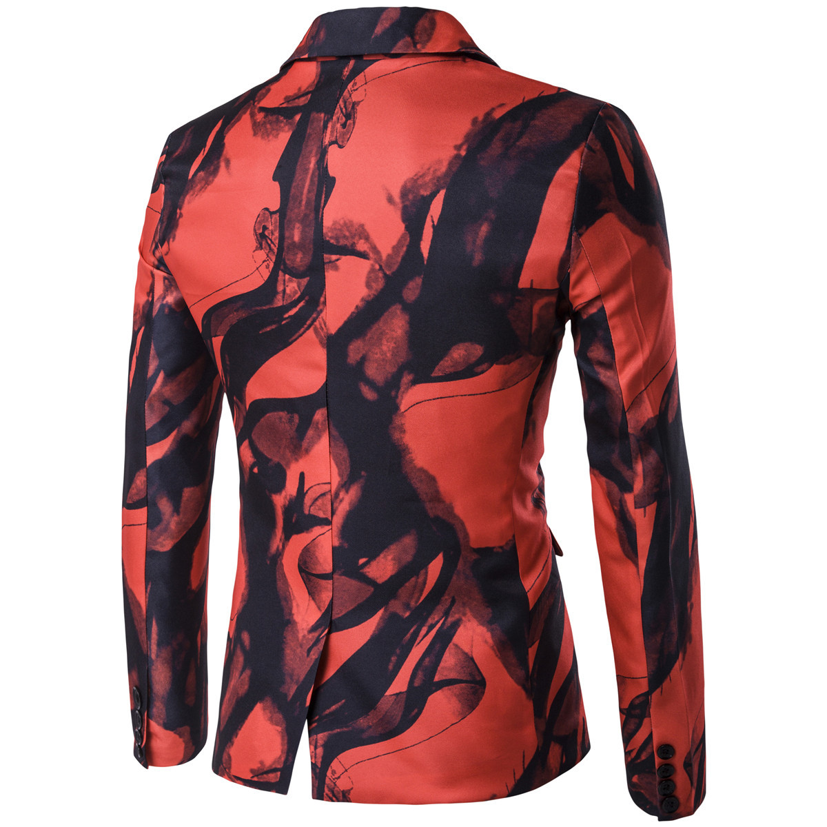 พร้อมเช่า เสื้อสูทชาย สีแดงดำ พิมพ์ลายหินอ่อน กับกางเกงสแลคดำ