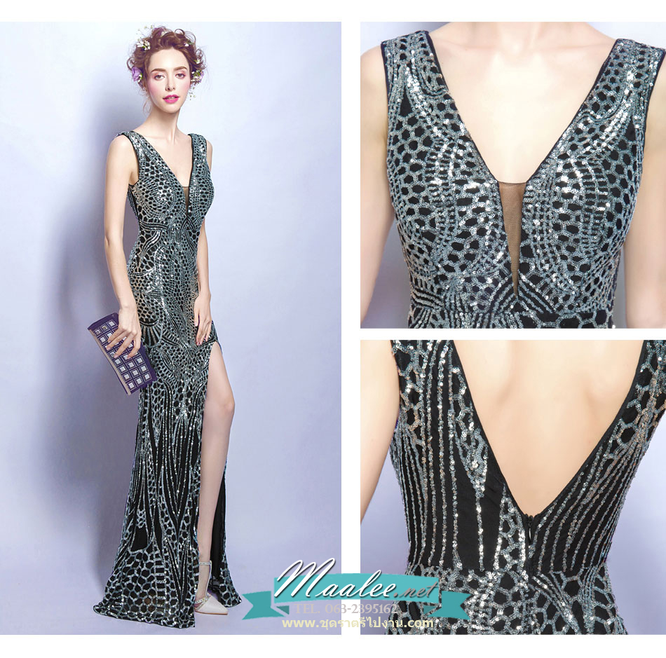 พร้อมเช่า ชุดราตรียาว ชุดออกงานกลางคืน งานพรอม แบบแขนกุด สีดำปักเลื่อมทั้งชุด หรูหรา Sexy แหวกหน้าขา โชว์หลัง