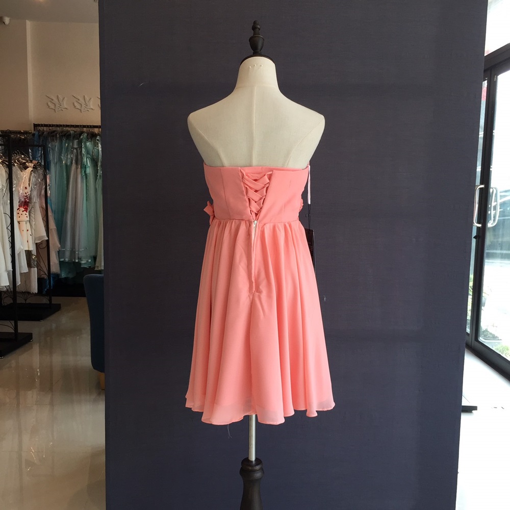 พร้อมส่ง ชุดราตรีสั้น เดรสสั้น แต่งดอกเพิ่มคริสตัล สีโอโรส