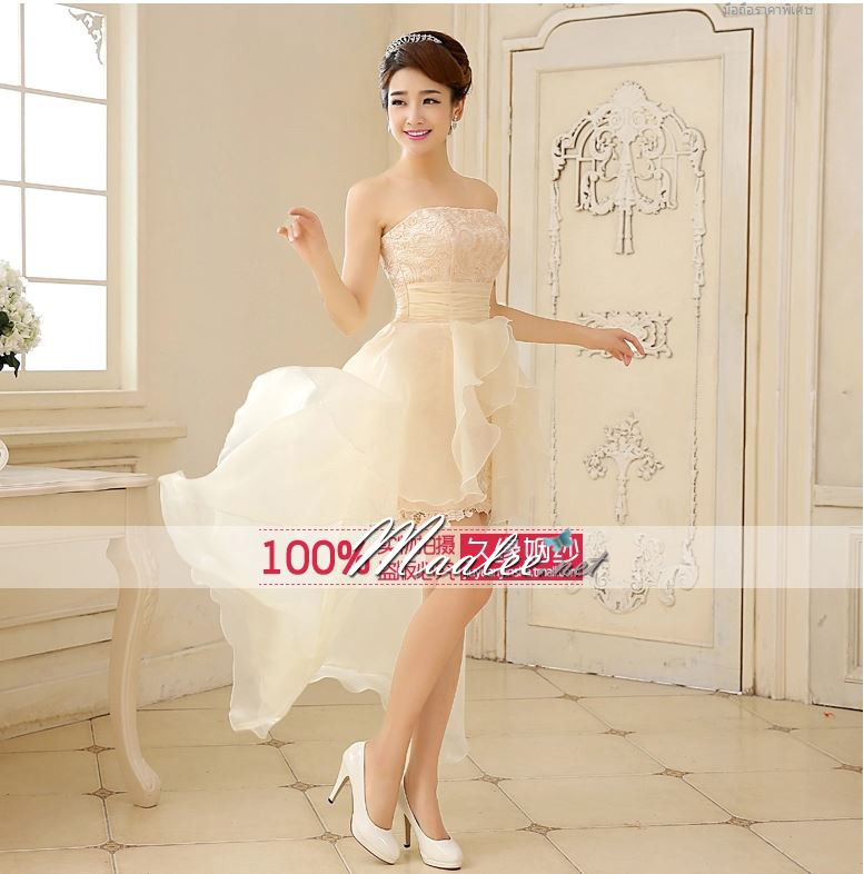 พร้อมส่ง ชุดราตรีสั้น เกาะอก หน้าสั้นหลังยาว ผ้าลูกไม้แต่งผ้าแก้วระบายชั้นๆ สีครีม (หางยาว)