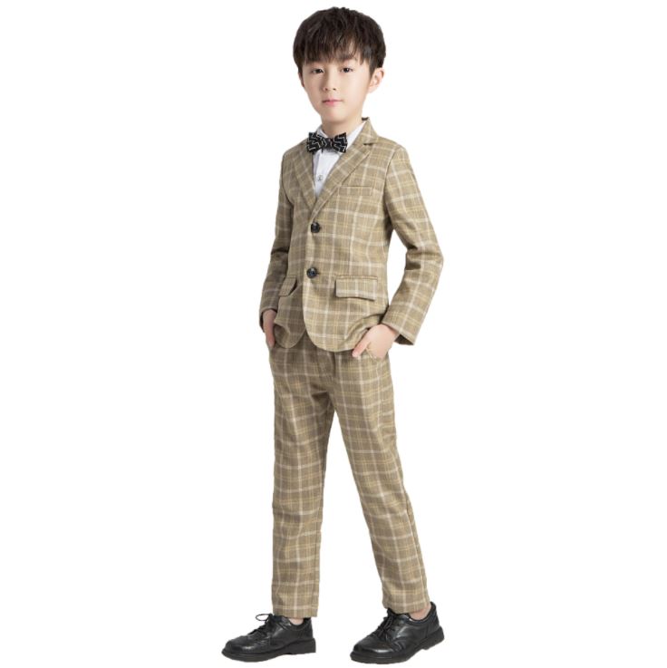 พร้อมเช่า ชุดสูทเด็กชาย สีกากีลายตาราง ** พร้อมเช่าไซส์ 100 , 110 , 120,130,140,150 **