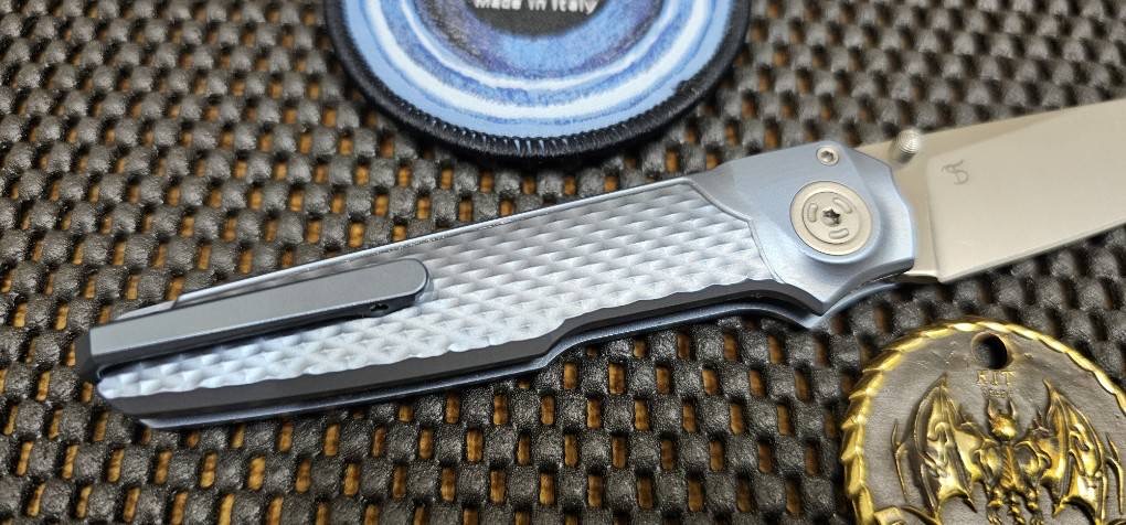 MKM Miura Button Lock Knife Blue Ti (2.72" Satin M390) MK MI-TBL