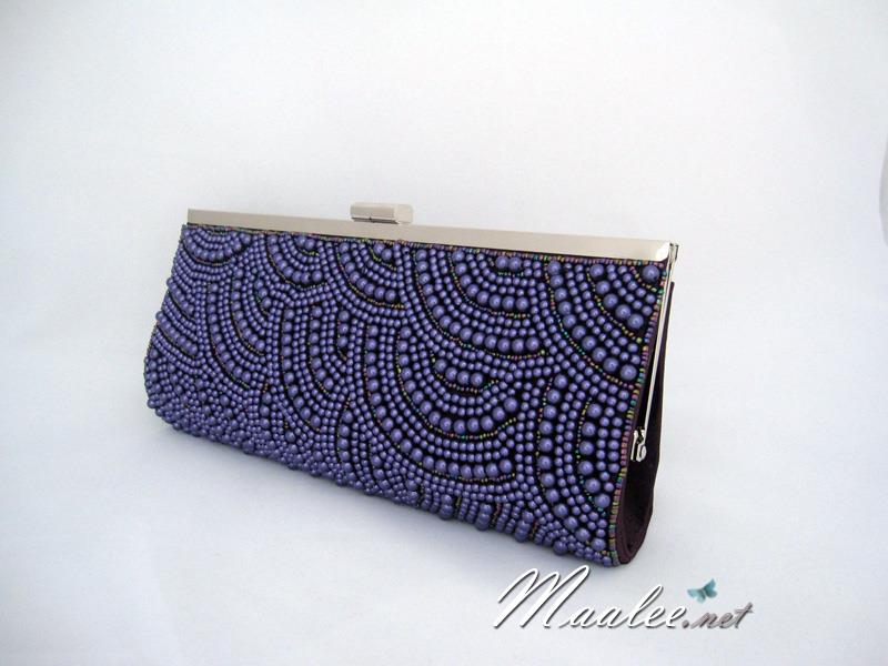 พร้อมส่ง Evening Clutch กระเป๋าออกงาน สีม่วง ปักมุกลายโค้ง งานสวยละเอียด