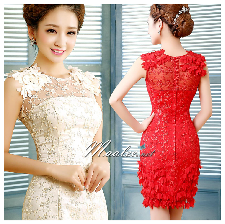 พร้อมส่ง ชุดราตรีสั้น สีครีม Champagne สวยหวาน แต่งลูกไม้หรู กระดุมหลัง