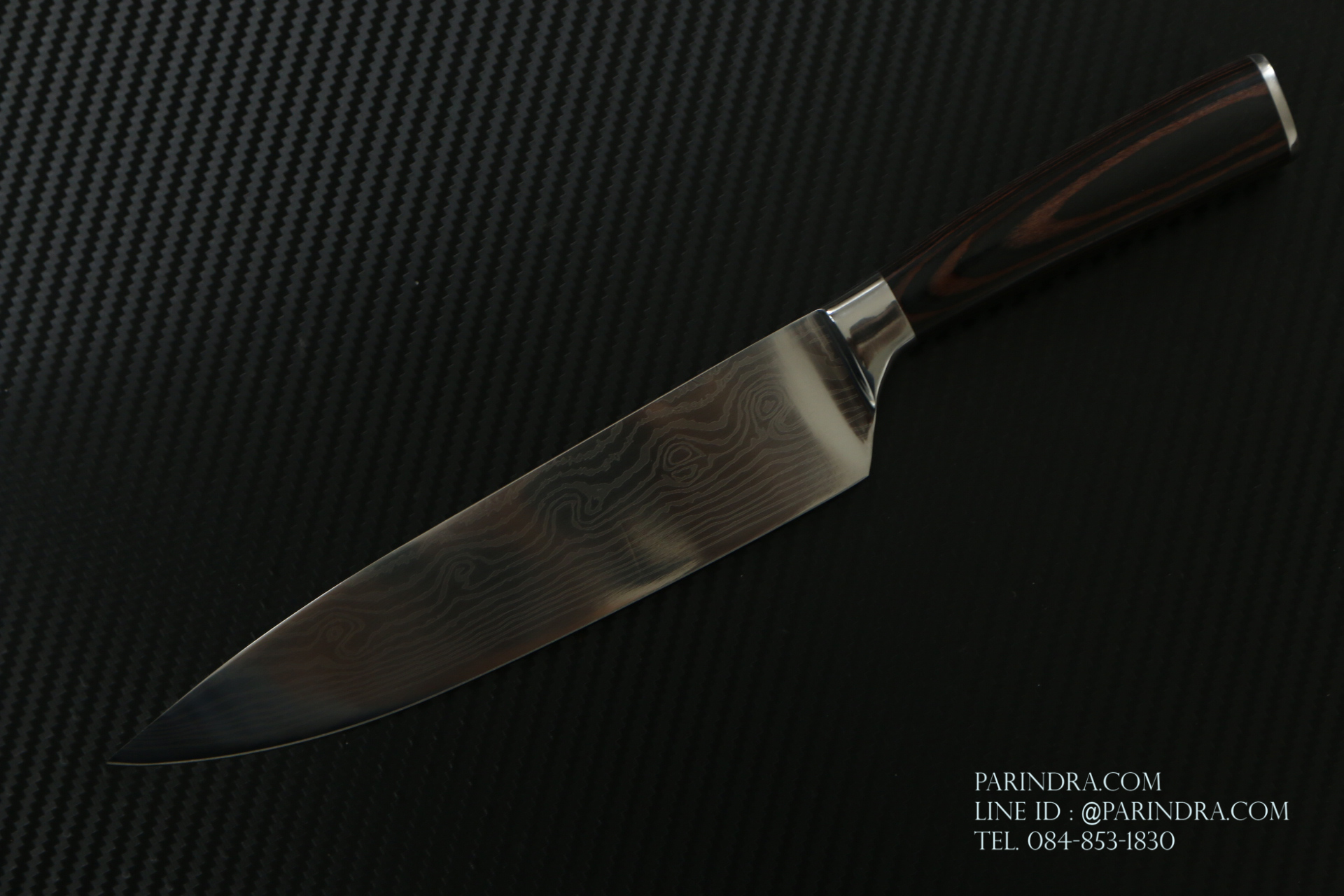 มีดทำครัว Premium ยิงเลเซอร์ลายดามัสกัส ด้ามไม้ ขนาดใบ 8 นิ้ว ปลายแหลม คมกริบ