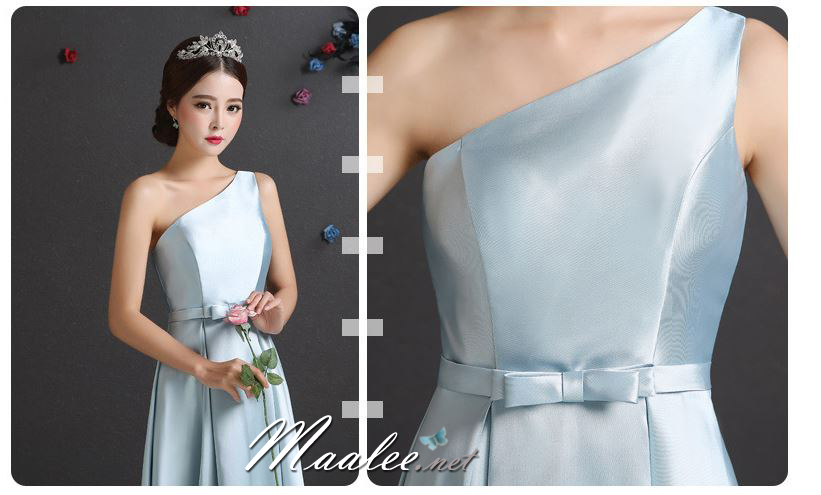 พร้อมส่ง ชุดราตรียาว ชุดเพื่อนเจ้าสาว สีฟ้า แบบ F ไหล่เดียว ผ้าซาติน มีโบว์ช่วงเอว (เชือกผูกด้านหลัง)