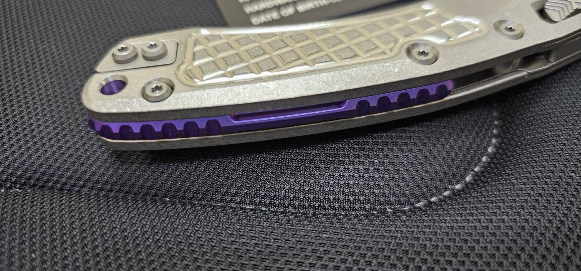 Microtech Marfione Select Amphibian RAM LOK Titanium Frag Handles & Stonewash M390MK w/ Double Vapor Blast & Purple Accents