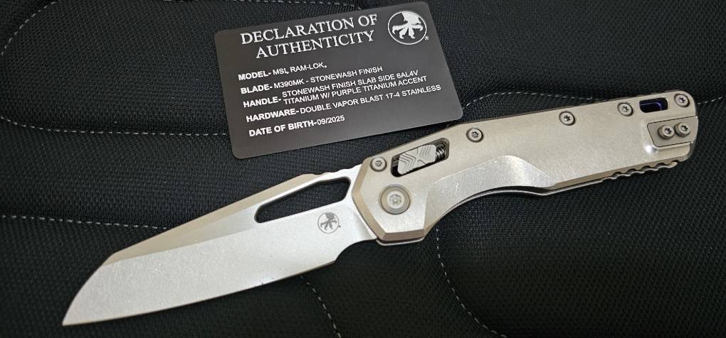 Microtech Marfione Select MSI RAM LOK Titanium Handles w/ Double Vapor Blast & Purple Accents & Stonewash M390MK