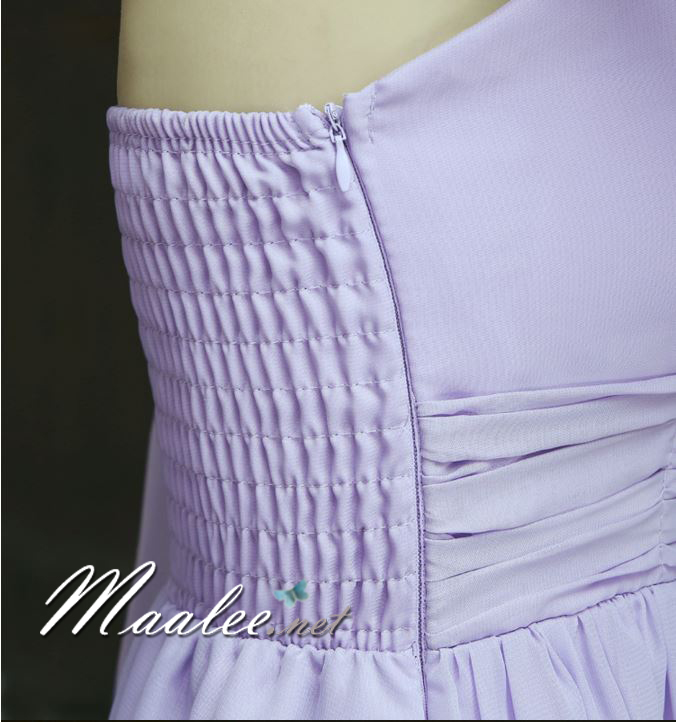 พร้อมส่ง ชุดเดรสยาว เกาะอก ไหล่เดียว จับสม๊อกด้านหลัง สีชมพู