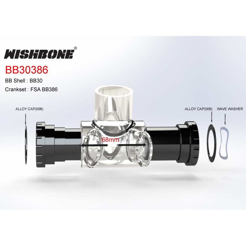 กะโหลก WISHBONE BB386 Ceramic | Shimano HT2 / SRAM DUB / Praxis M30 | เฟรมมาตรฐาน 46x86.5mm | น้ำหนักเบา 121–130 กรัม | รับประกัน 2 ปี