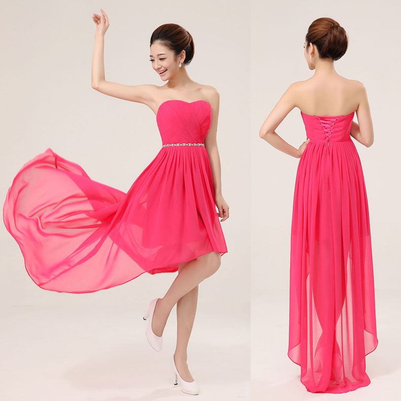 พร้อมส่ง ชุดราตรีสั้น เกาะอก หน้าสั้นหลังยาว สีชมพู Hot Pink อัดพลีตหน้าอก คาดเอวคริสตัล