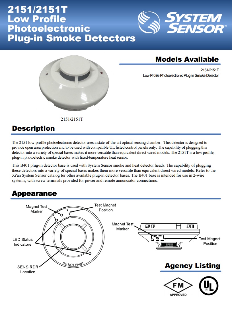 2/4 Wire Photoelectric Smoke Detector รุ่น 2151 ยี่ห้อ SYSTEM SENSOR