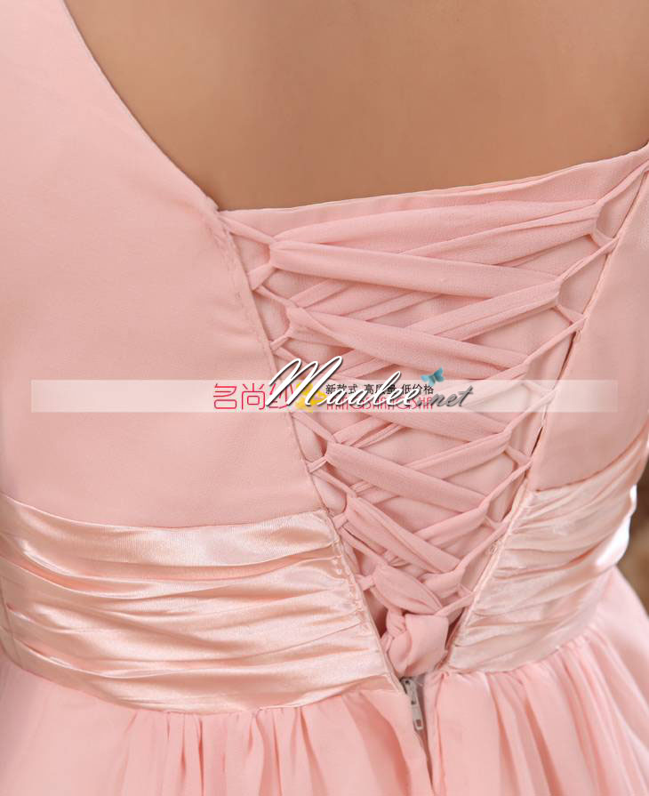 พร้อมส่ง ชุดราตรีสั้น แขนกุด สีชมพู คอวีหน้า หลัง จับเดรปสวย คาดเอวผ้าซาติน