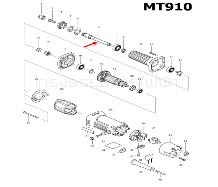 แกนหินเจียรคอตรง Maktec-Makita MT910, M9100B, GD0600, GD0601 P/N.324638-0 (แท้) #H14