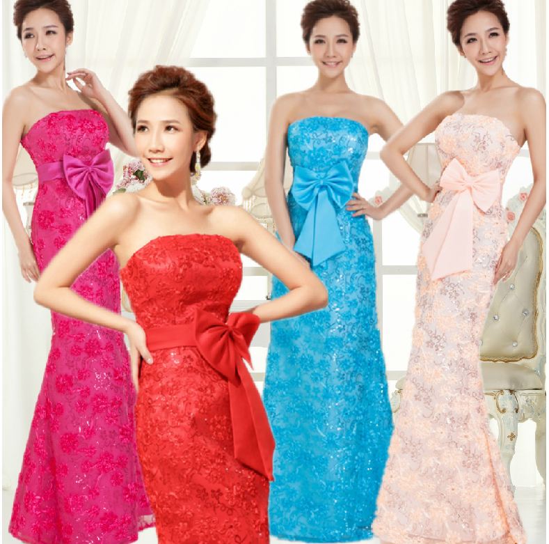 พร้อมส่ง ชุดราตรียาว เกาะอก สีฟ้า ลูกไม้ริบบิ้นปักเลื่อม ทรงหางปลาพร้อมโบว์คาดเอว