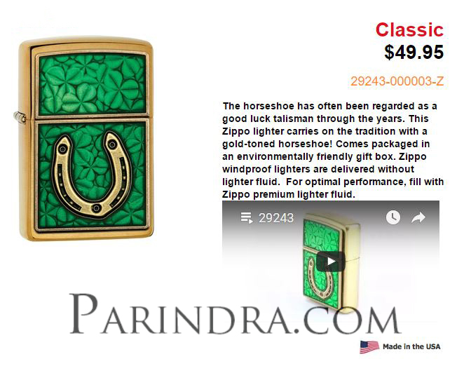 ไฟแช็ค Zippo แท้ "Zippo 29243, Horseshoe & Clovers Emblem, Brushed Brass Finish " แท้นำเข้า 100%