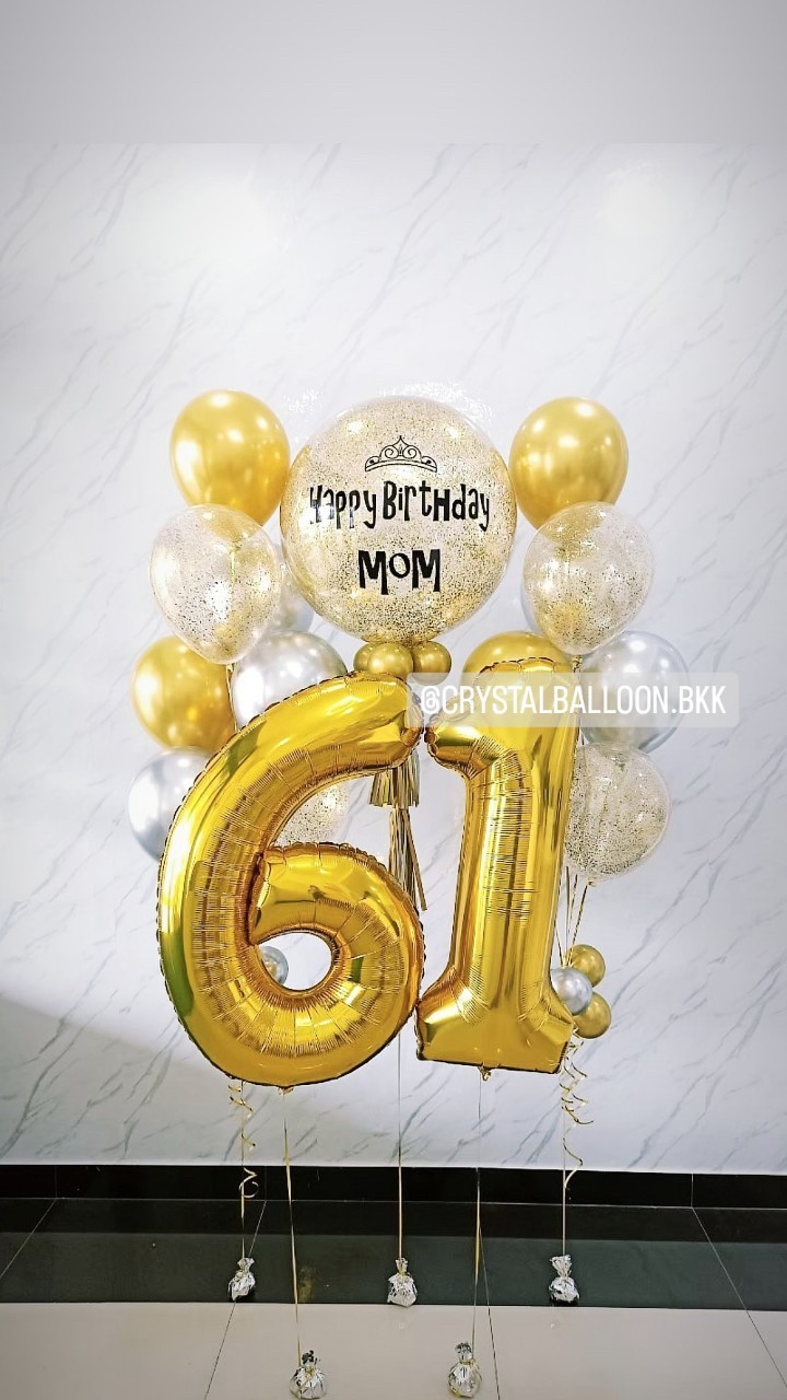 ลูกโป่ง วันเกิด Bubble ขนาด 24" สีทอง พร้อม ช่อลูกโป่งโครเมี่ยม 7 ลูก 2 ช่อ,ลูกโป่งใส ใส่กลิตเตอร์ พร้อมตกแต่ง ฟอยล์ตัวเลข ขนาด 40" 2 ชิ้น สามารถเปลี่ยนสีลูกโป่ง/เปลี่ยนข้อความ/เปลี่ยนขนาดได้