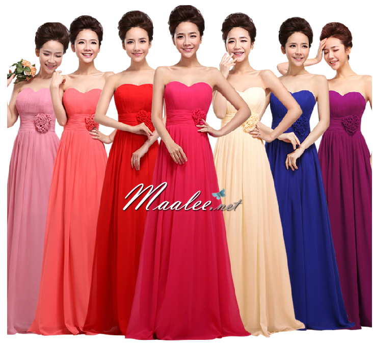 พร้อมส่ง ชุดราตรียาว แบบเกาะอก ผ้าชีฟอง ช่วงอกอัดพลีท แต่งดอกที่เอว สีโอโรส