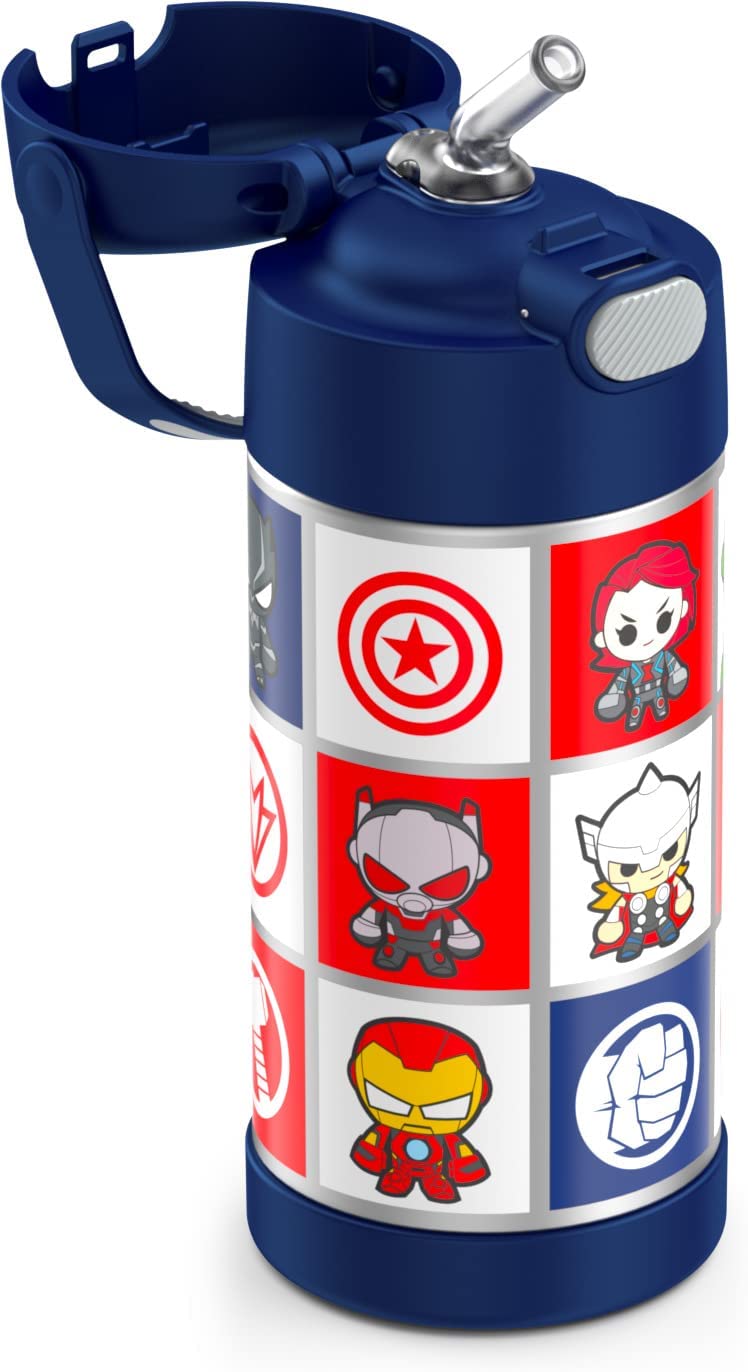 THERMOS FUNTAINER 12 Ounce Stainless Steel Vacuum Insulated Kids Straw Bottle, Avengers