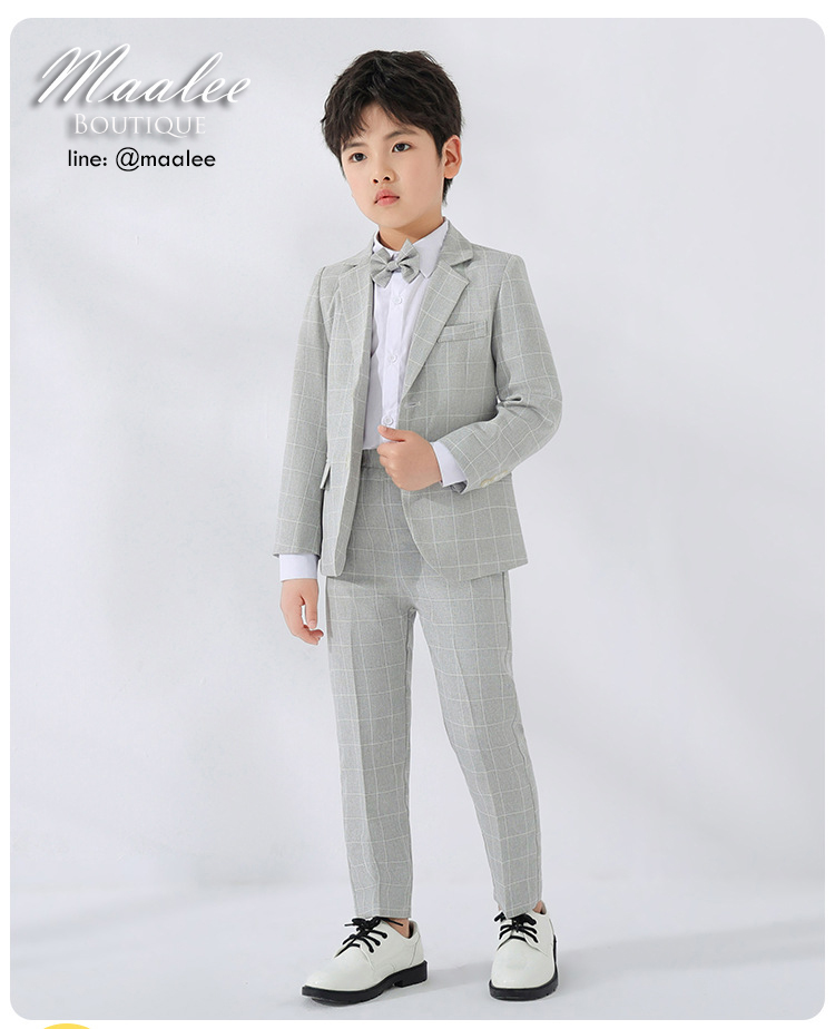 พร้อมเช่า ชุดสูทเด็กชาย สีเทาอ่อน 2 กระดุม ลายตาราง **พร้อมเช่าไซส์ 110, 130,140,150,160,170**