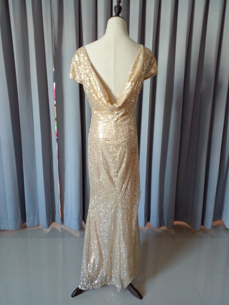 พร้อมเช่า ชุดราตรียาว งานกลิตเตอร์ สีทอง แขนสั้น กระโปรงหางปลา