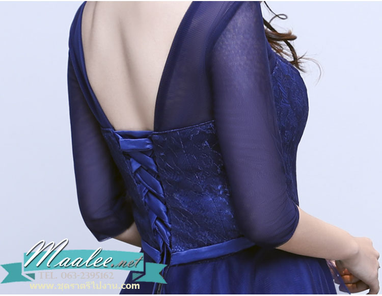 พร้อมเช่า ชุดราตรีแขนกุด หน้าสั้นหลังยาว สีกรมท่า แบบหน้าสั้น/หลังยาว สวยเก๋ กระโปรงตาข่าย (เชือกผูกหลัง)