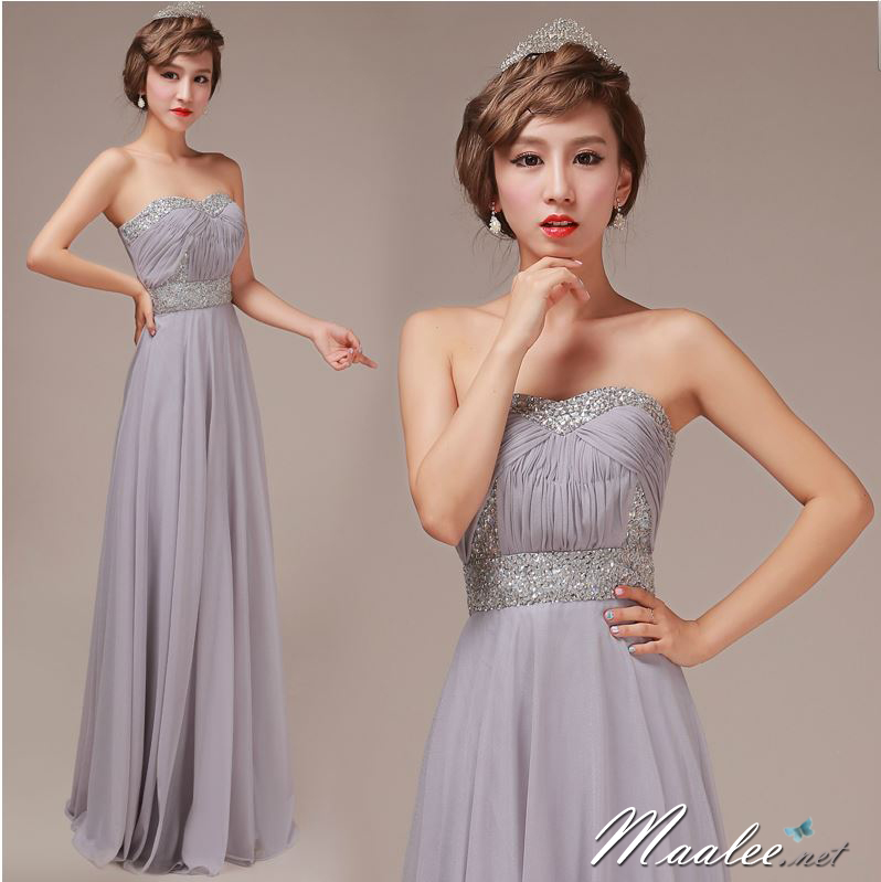 พร้อมส่ง ชุดราตรียาว เกาะอก แต่งเพชรหรู สีเทา