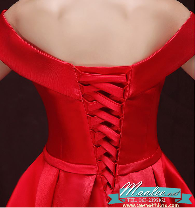 พร้อมเช่า ชุดราตรียาว แบบไหล่ปาด อกSweet heart สไตล์วินเทจผ้าไหมดัชเชส กระโปรงทรง A แต่งโบว์ ช่วงเอว (เชือกผูกหลัง) สีน้ำเงิน