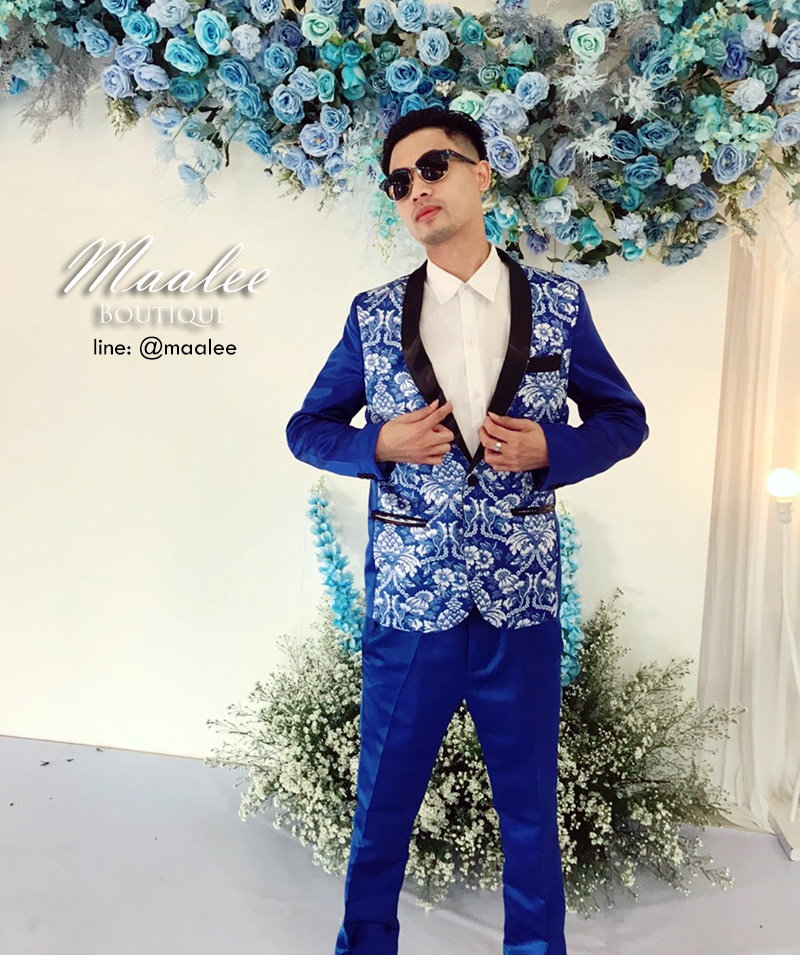 พร้อมเช่า ชุดสูทจีนชาย สีน้ำเงิน แต่งปกดำ ซาติน