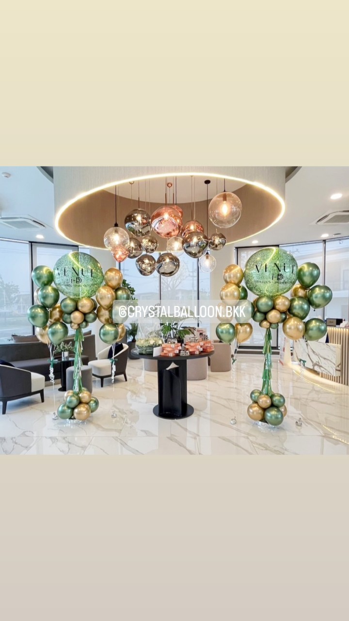 เสาลูกโป่ง เปิดงาน Bubble 36" กลิตเตอร์สีเขียว 2 เสา พร้อม ช่อลูกโป่งสีโครเมี่ยม ช่อ 7 ลูก 4 ช่อ สามารถเปลี่ยนสีลูกโป่ง/เปลี่ยนข้อความได้