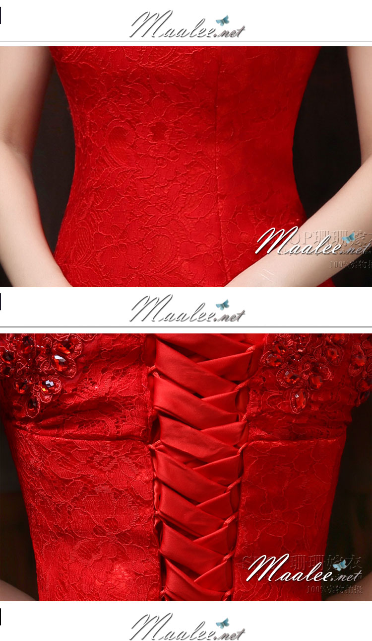 พร้อมส่ง ชุดราตรีสั้น แบบปาดไหล่เซ็กซี่ เข้ารูป สีแดง ผ้าลูกไม้ แต่งเลื่อมสุดหรู (เชือกผูกหลัง)