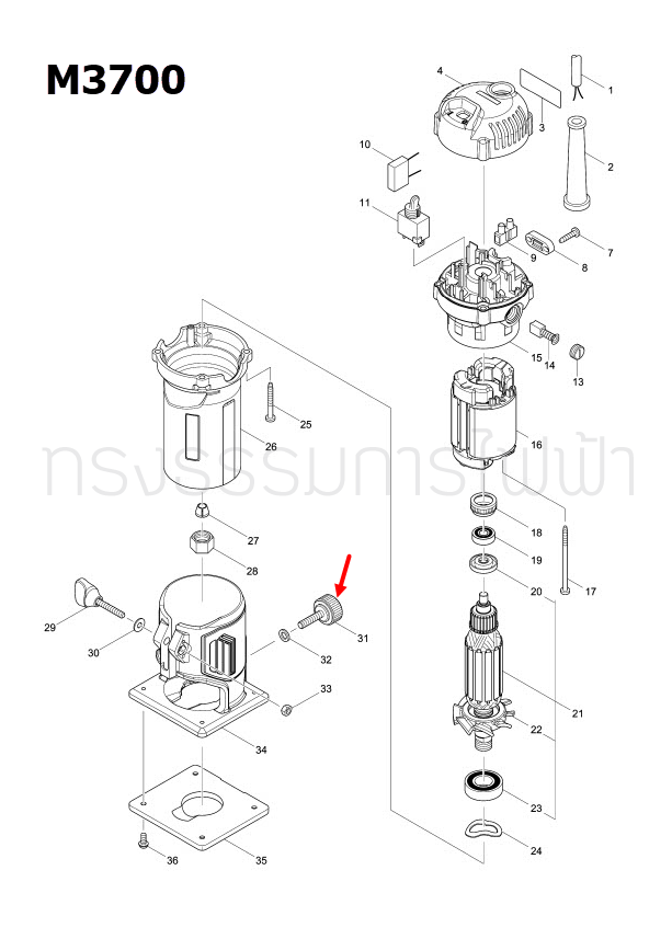 THUMB SCREW M6X25 ทริมเมอร์, เครื่องขัดกระดาษทราย Maktec-Makita MT372 [#31], MT940, MT941 [#37], M3700, M3700B, M9400 [#31] Pn.265763-7 (แท้) ## (*)