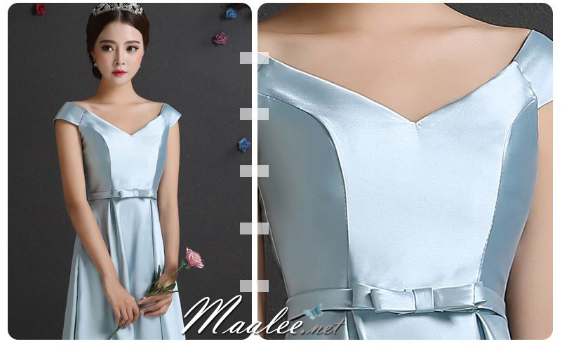 พร้อมเช่า ชุดราตรียาว ชุดเพื่อนเจ้าสาว สีฟ้า แบบ E ไหล่ปาด ผ้าซาติน มีโบว์ช่วงเอว (เชือกผูกด้านหลัง)