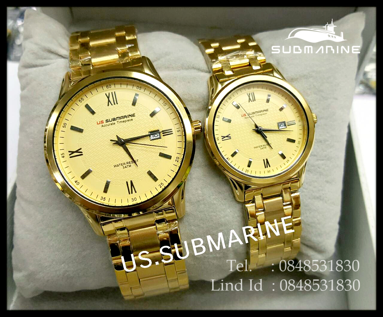นาฬิกาคู่ US submarine รุ่น J117MD เรือนสีทองหน้าปัดสีทอง เลขโรมัน แพคคู่