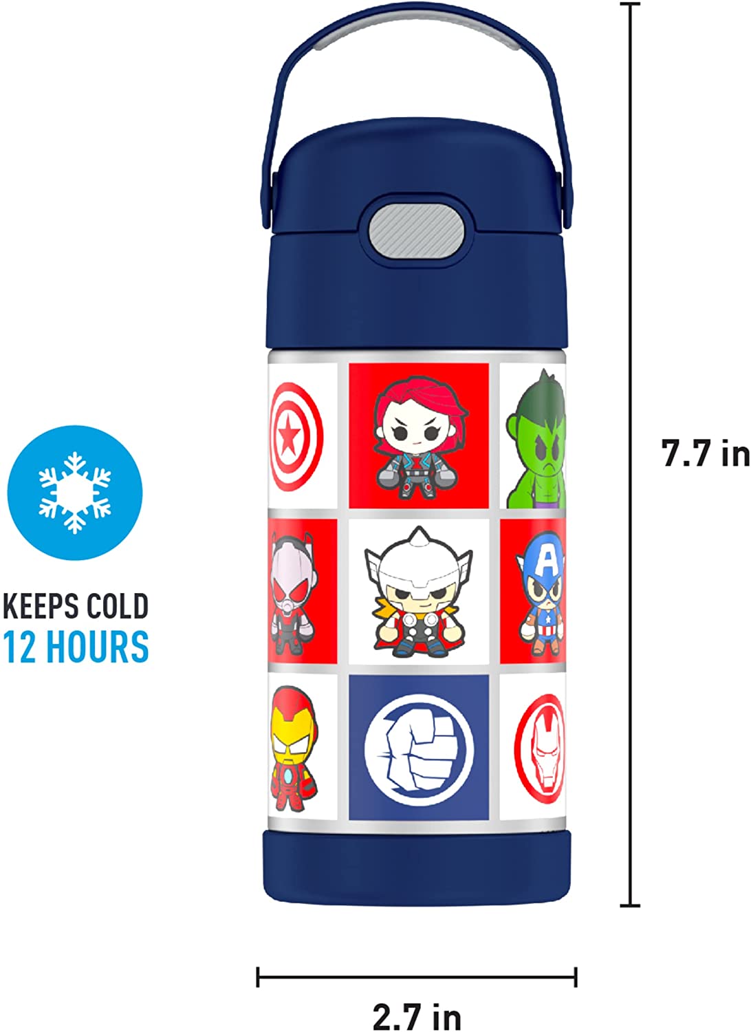 THERMOS FUNTAINER 12 Ounce Stainless Steel Vacuum Insulated Kids Straw Bottle, Avengers