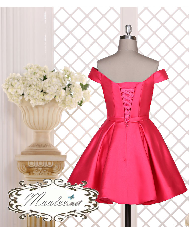 พร้อมส่ง ชุดราตรีสั้น แบบปาดไหล่ ผ้าซาตินเรียบหรู กระโปรงทรงA แต่งโบว์2ชั้น ช่วงเอว สีชมพู Hot pink (เชือกผูกหลัง)