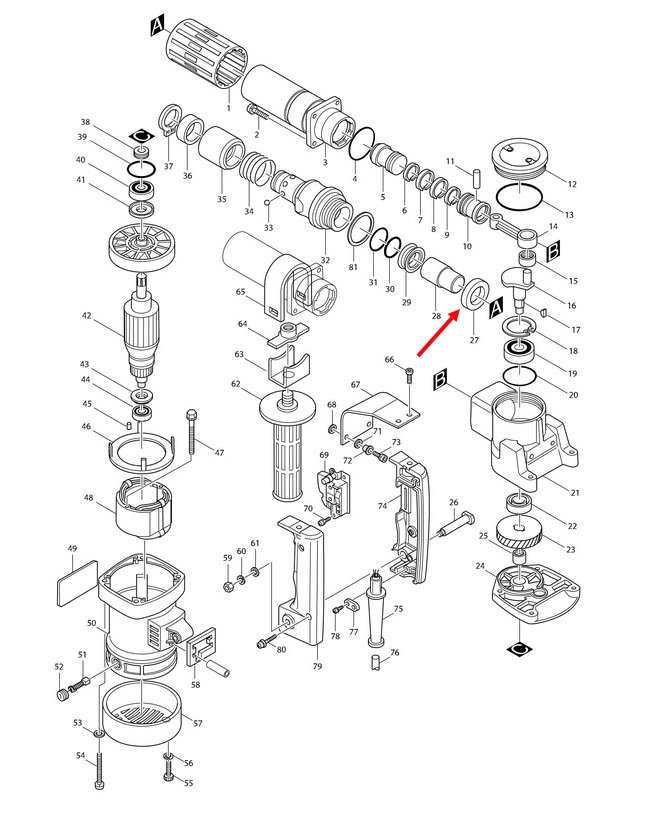 แหวนรอง แย็ก, สกัดปูน Makita HM0810 [#29], HM0810T, TA [#27] Pn.253955-0 (แท้) ##(*)