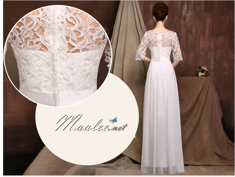 พร้อมส่ง ชุดราตรียาว สีครีม แขนสามส่วน ลูกไม้ฉลุ กระโปรงผ้าชีฟอง