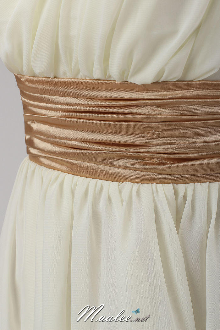 พร้อมส่ง ชุดราตรีสั้น เกาะอก ไหล่เดียว สีโอโรส ผูกโบว์ตรงบ่า คาดเอวผ้าซาติน