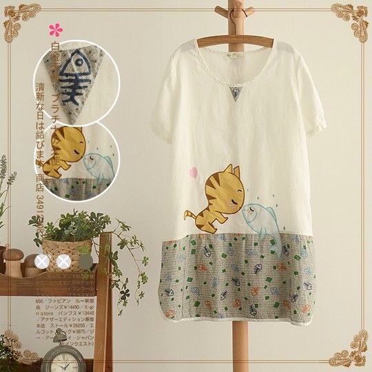 เสื้อผ้าฝ้ายปักลายแมว-ปลา QJH