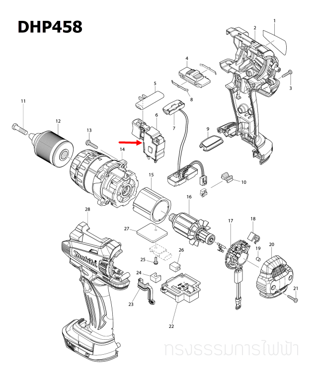 สวิทช์ สว่านเจาะกระแทกไร้สาย Makita มากีต้า DHP458, DDF458RFT [#6] Pn.650724-4 (แท้) ##(*)