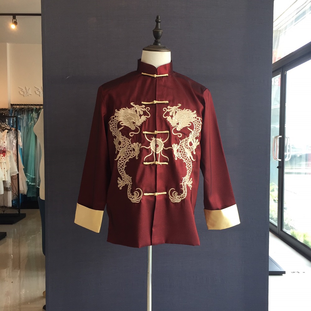 พร้อมส่ง (สินค้าตัวโชว์) เสื้อจีน ชาย เสื้อคอจีน ผ้าไหมจีน สีแดง ปักลายมังกร