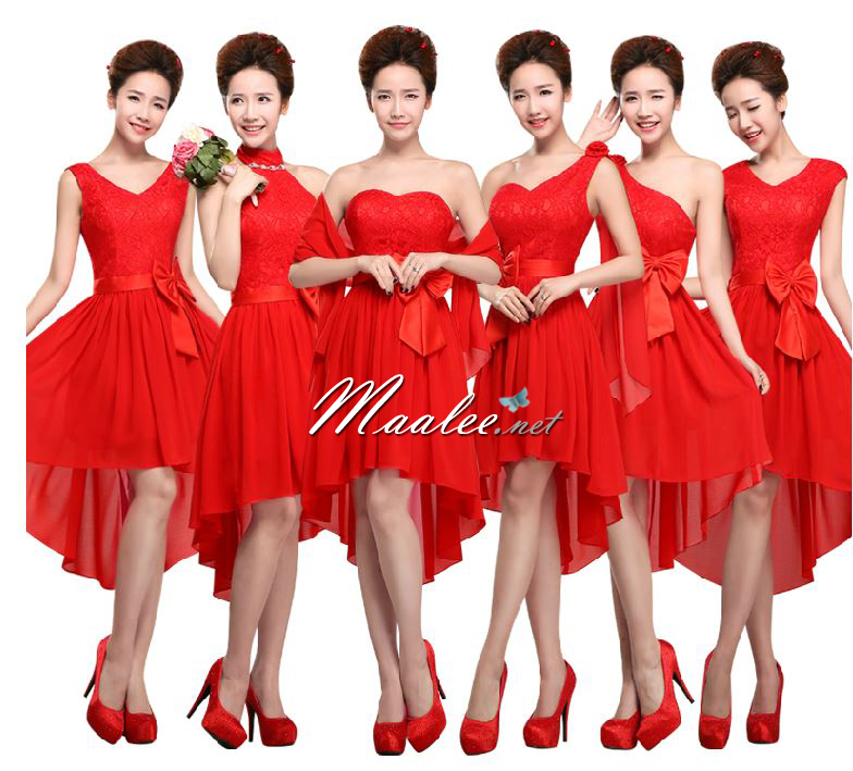 พร้อมส่ง ชุดเพื่อนเจ้าสาว PE-502 สีแดง แบบ F แขนกุด หน้าสั้นหลังยาว แต่งลูกไม้ช่วงอก คาดโบว์ที่เอว (ซิปหลัง)