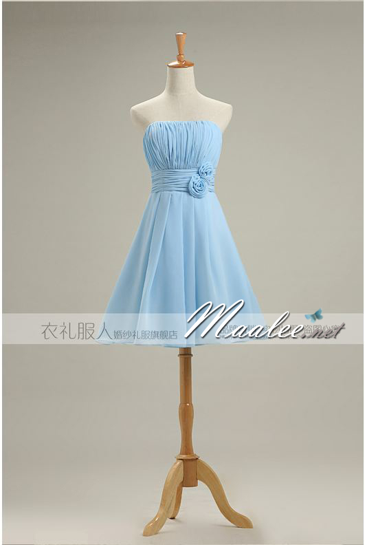 sale พร้อมส่ง ชุดราตรีสั้น สีฟ้าอ่อน ชุดเพื่อนเจ้าสาว Blue-001B