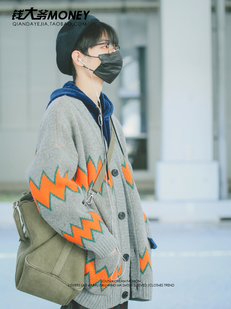 เสื้อคลุมไหมพรมสีเทา-ส้ม แบบ เซียวจ้าน