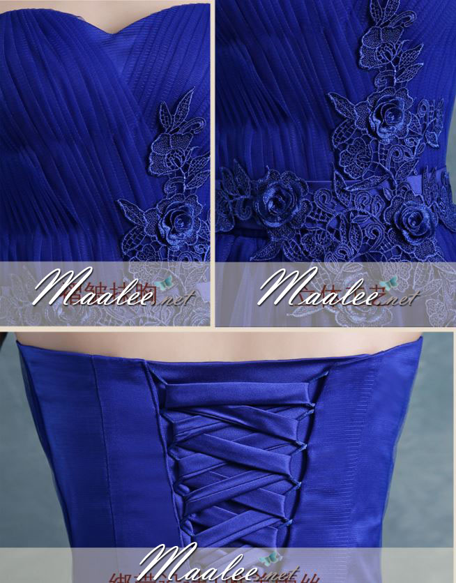 พร้อมส่ง ชุดราตรียาว เกาะอก สีน้ำเงิน ผ้าตาข่ายทั้งชุด อกจับจีบ แต่งลายดอกลูกไม้นูน