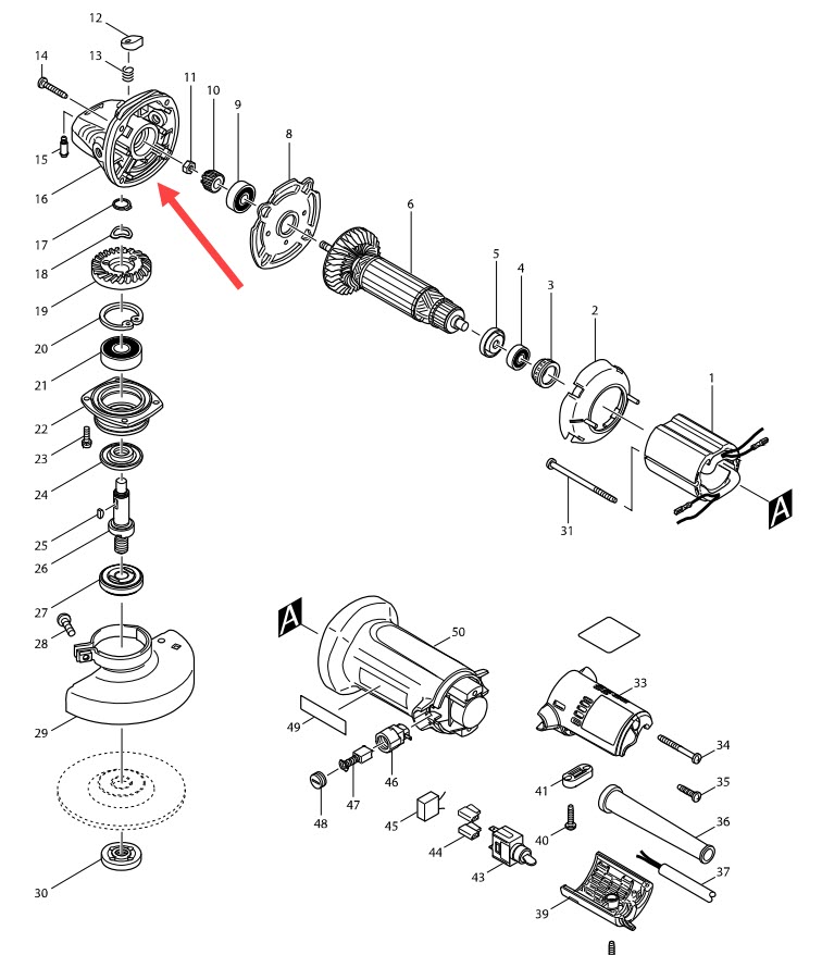 หัวกระโหลก หินเจียร 4" Makita 9533B, 9533BL [#16] Pn.153846-4 (แท้) ## (*)